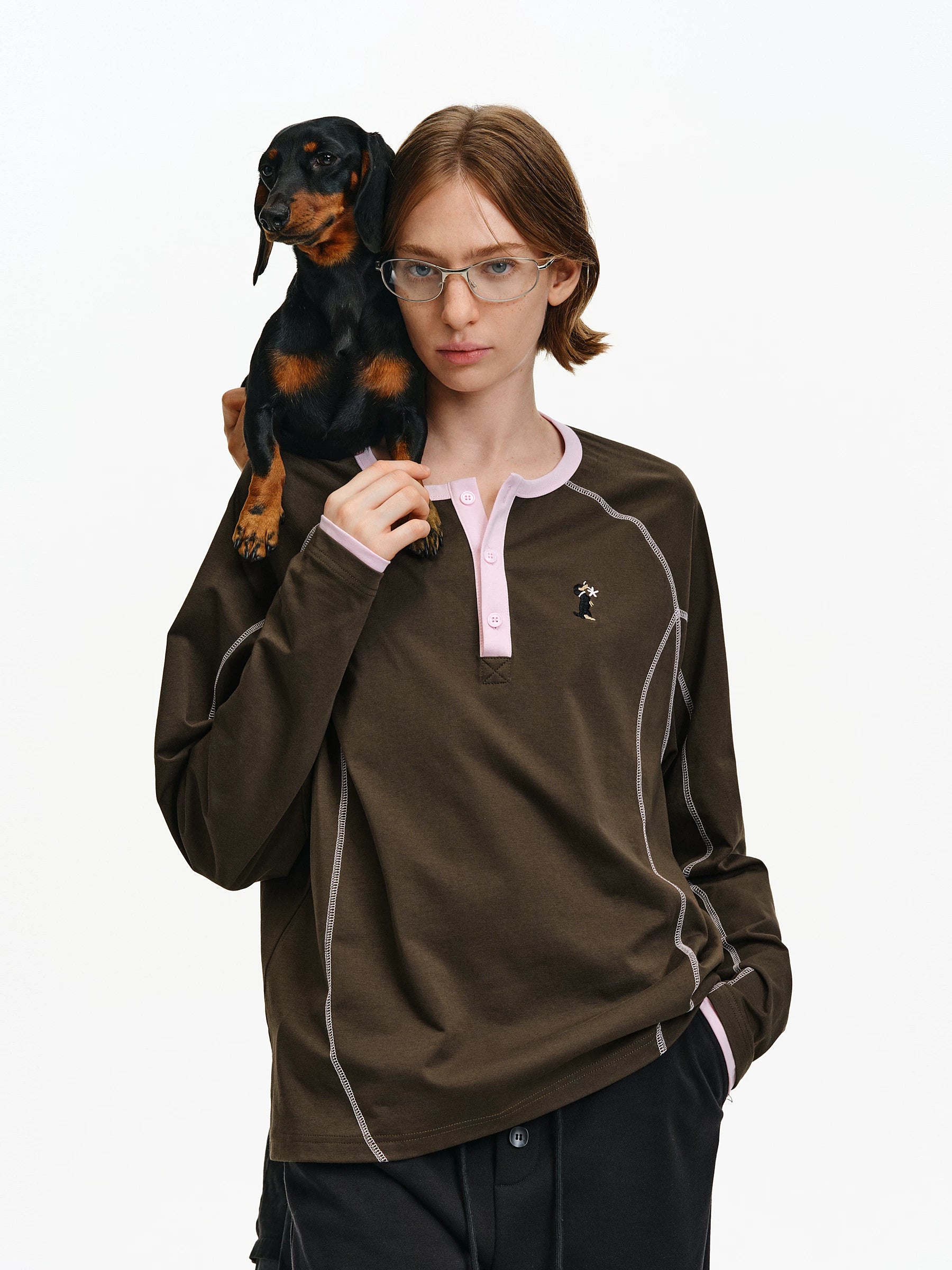 Contrast Stitch Henley Long-Sleeve Top