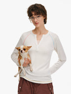 Contrast Stitch Henley Long-Sleeve Top