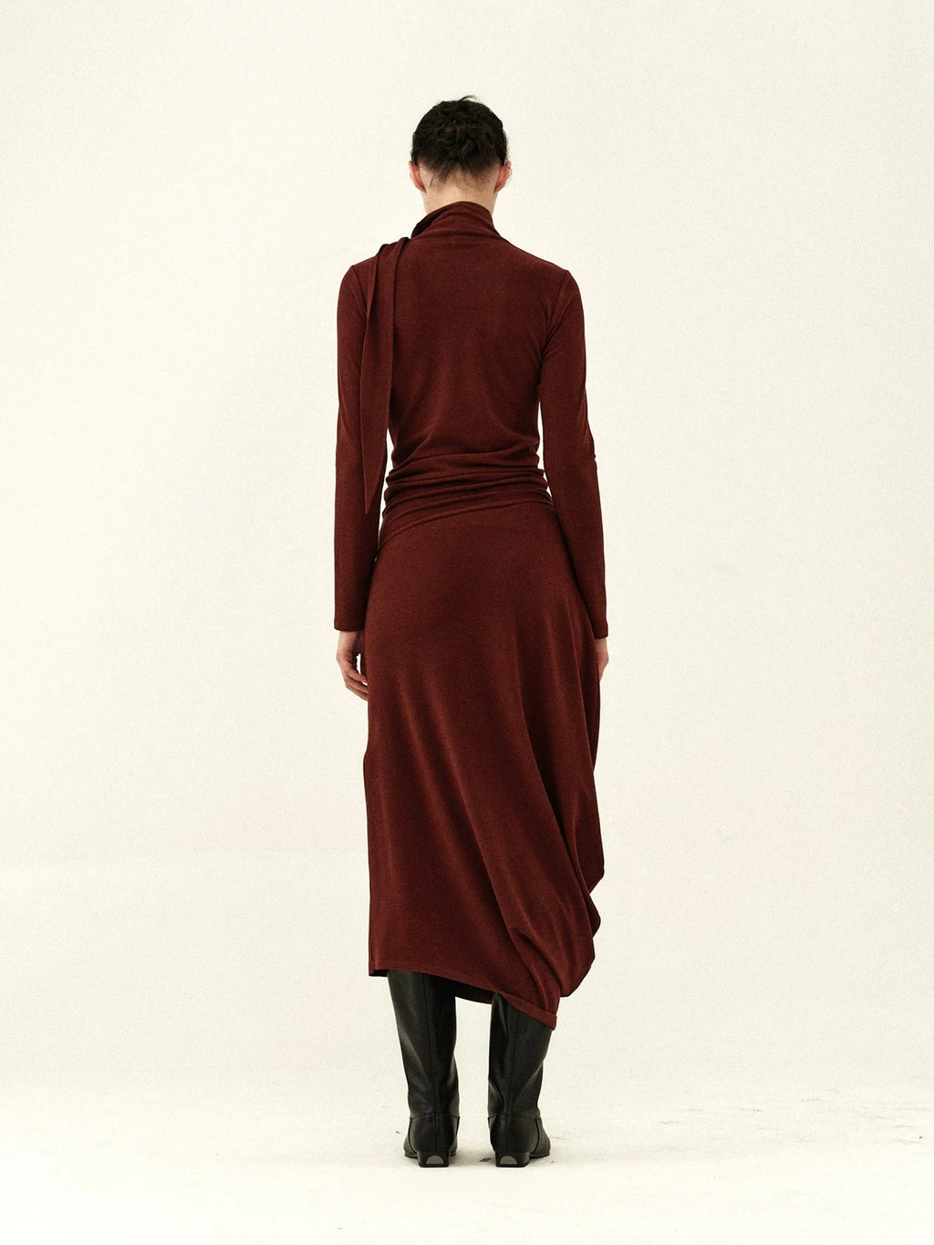 Ribbon-Neck Pleated Midi Dress