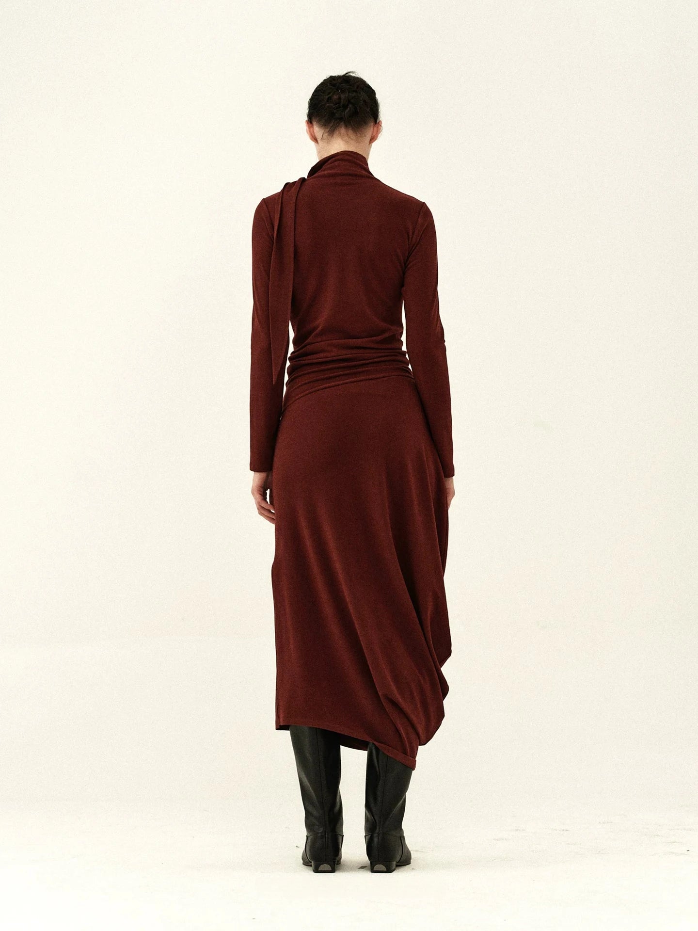 Ribbon-Neck Pleated Midi Dress