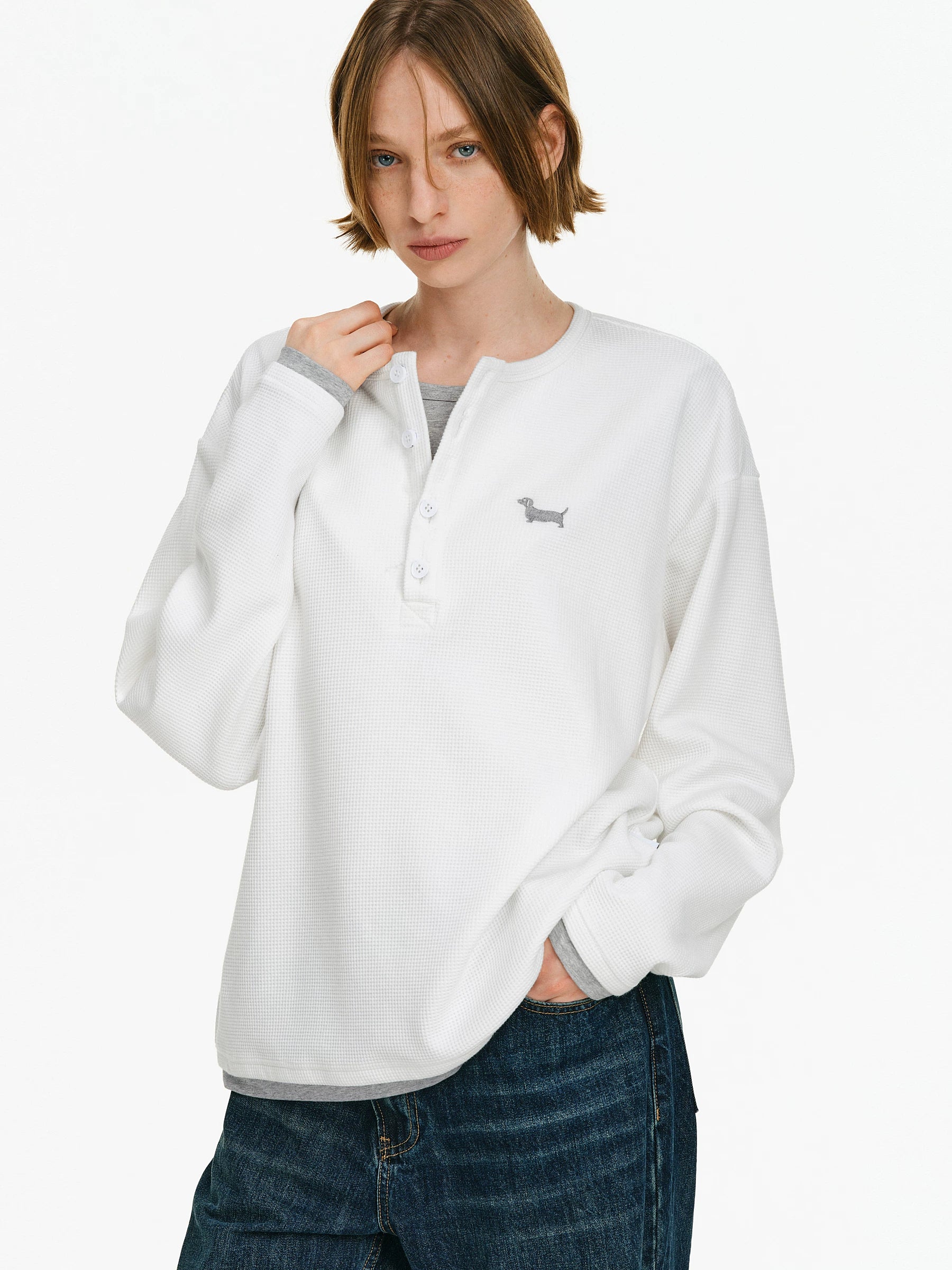 Embroidered Waffle Knit Henley