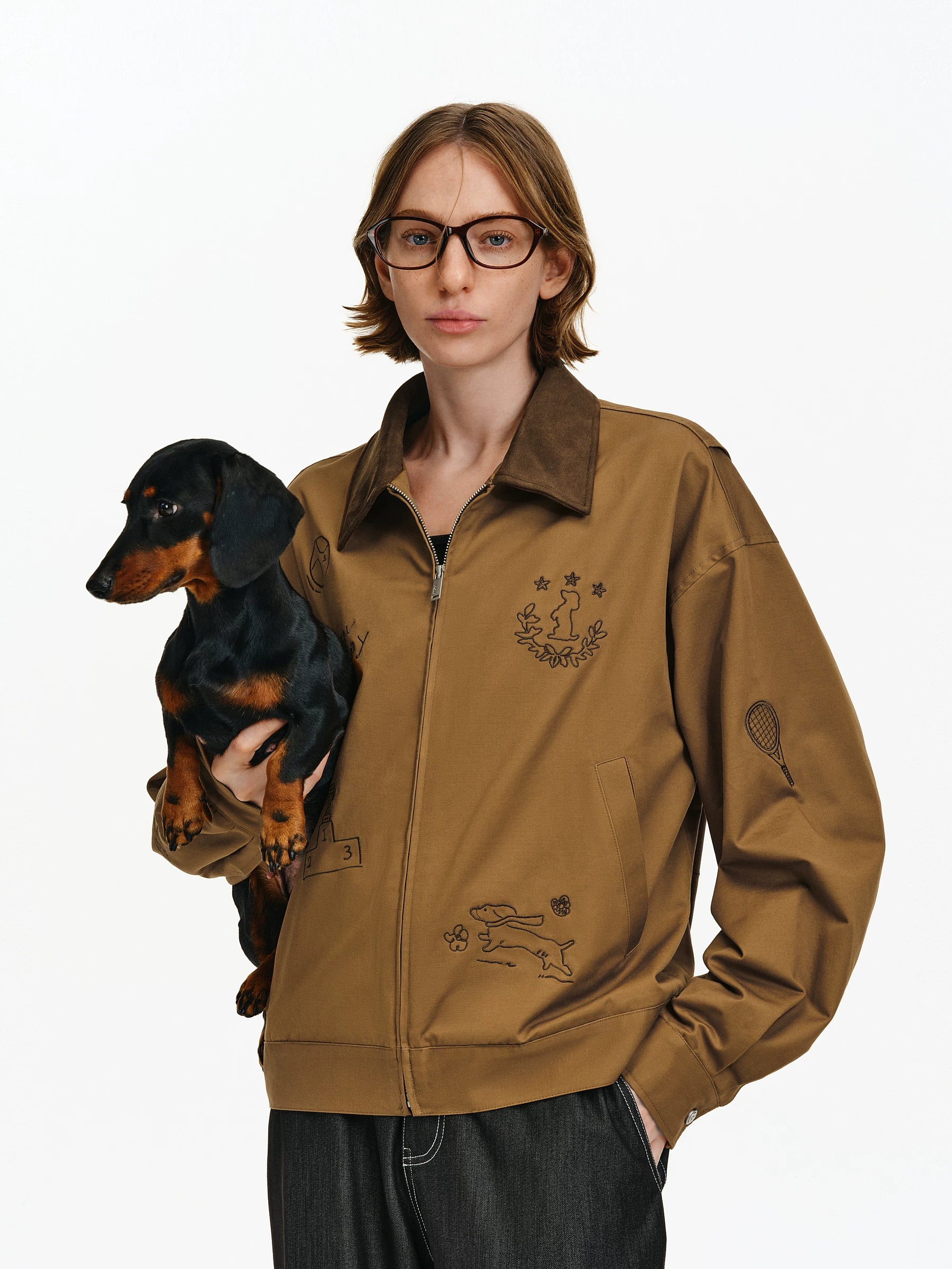 Embroidered Puppy Motif Harrington Jacket