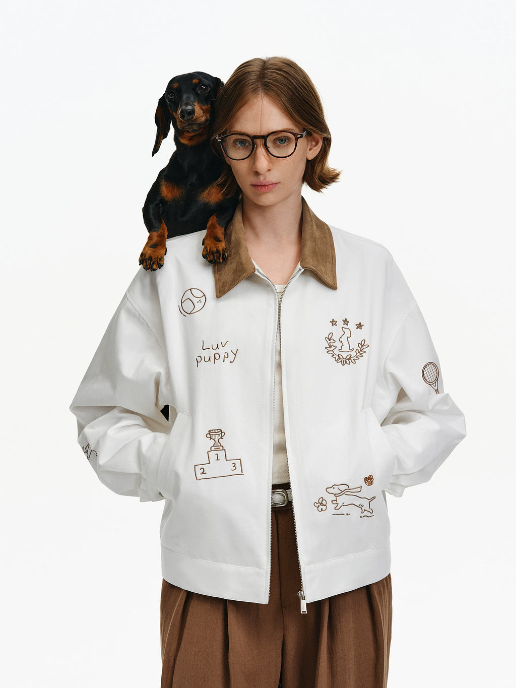 Embroidered Puppy Motif Harrington Jacket