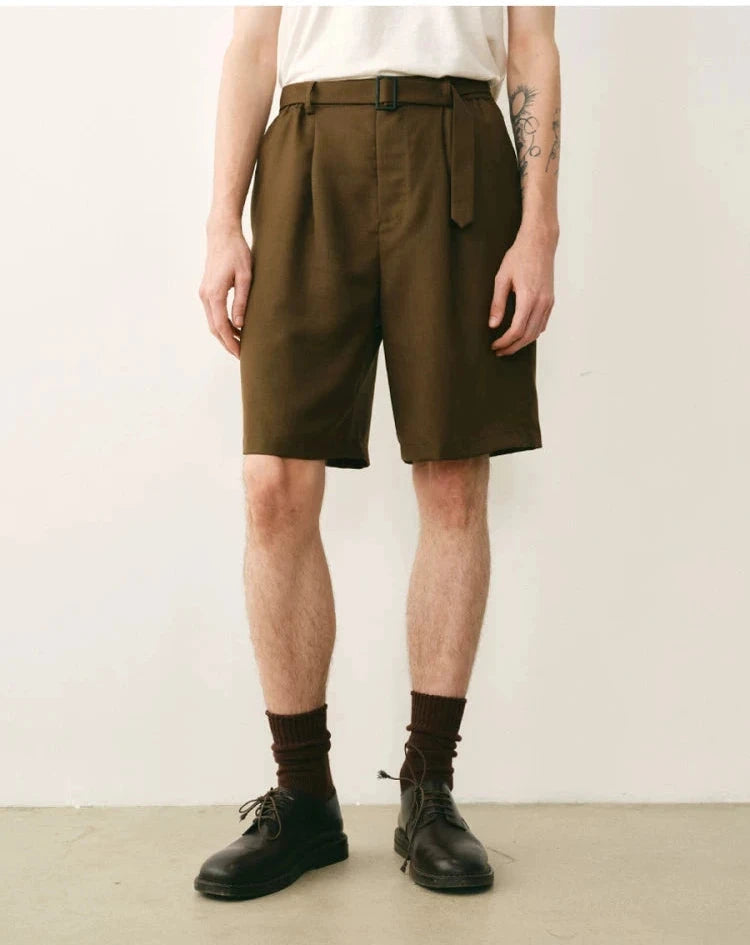 Olive Wool Blend Pleated Belted Shorts