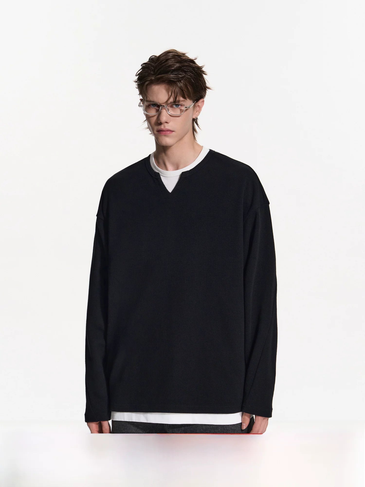 Waffle Knit Layered Long-Sleeve Top
