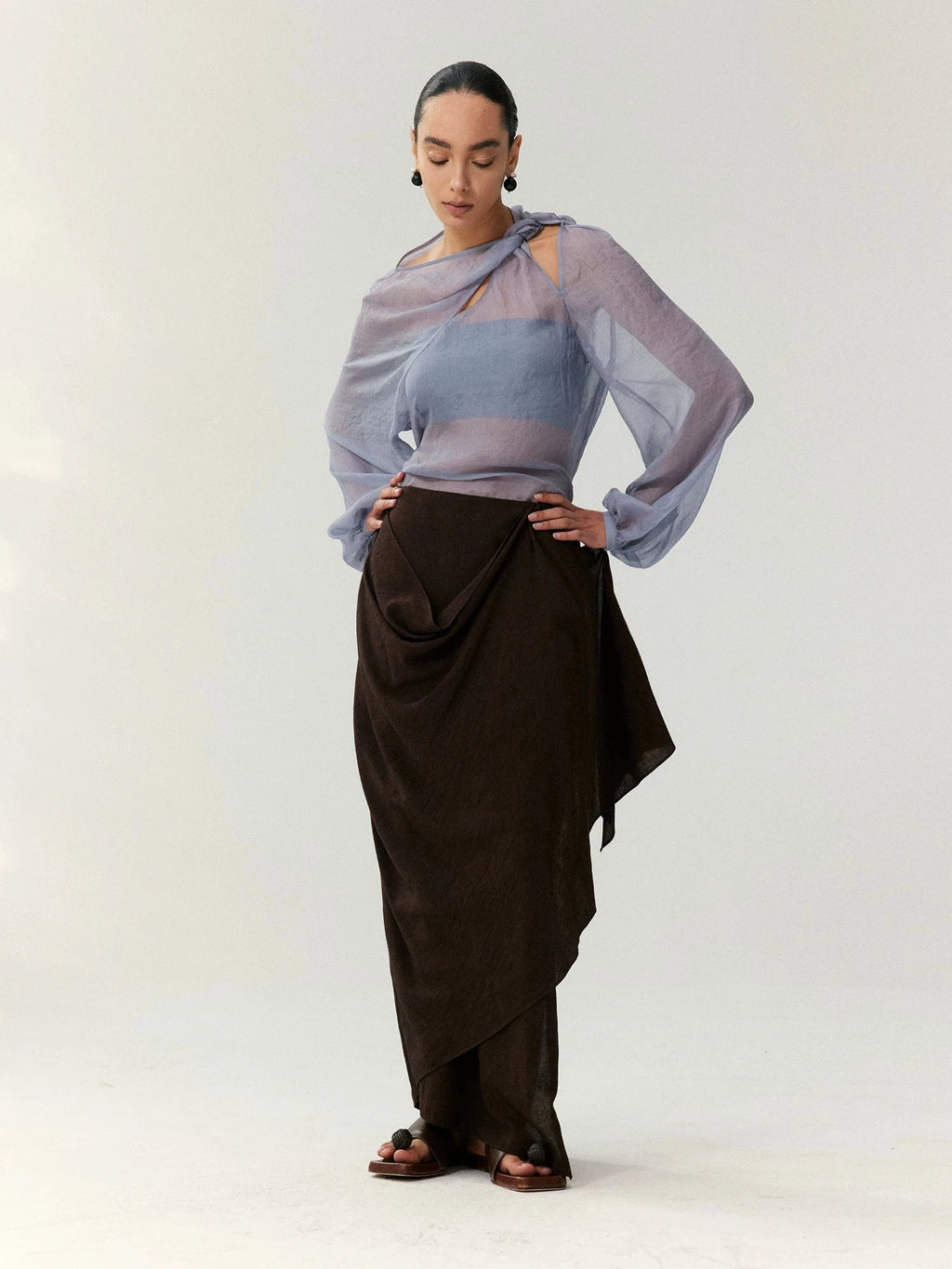Linen Draped Asymmetric Midi Skirt