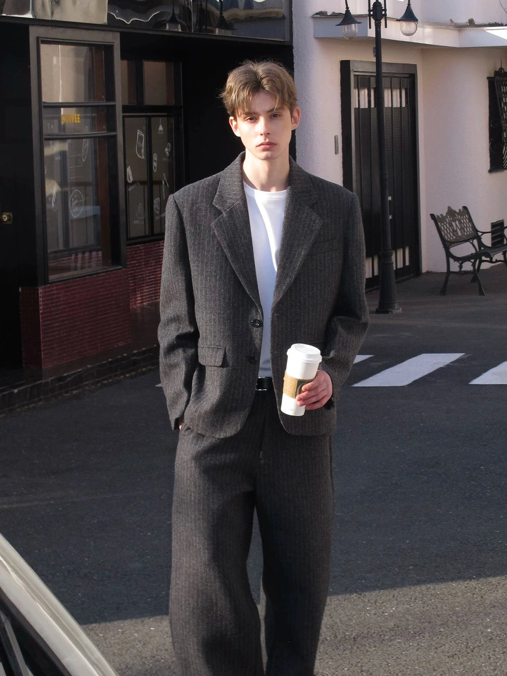 Pinstriped Wool Blend Tailored Suit