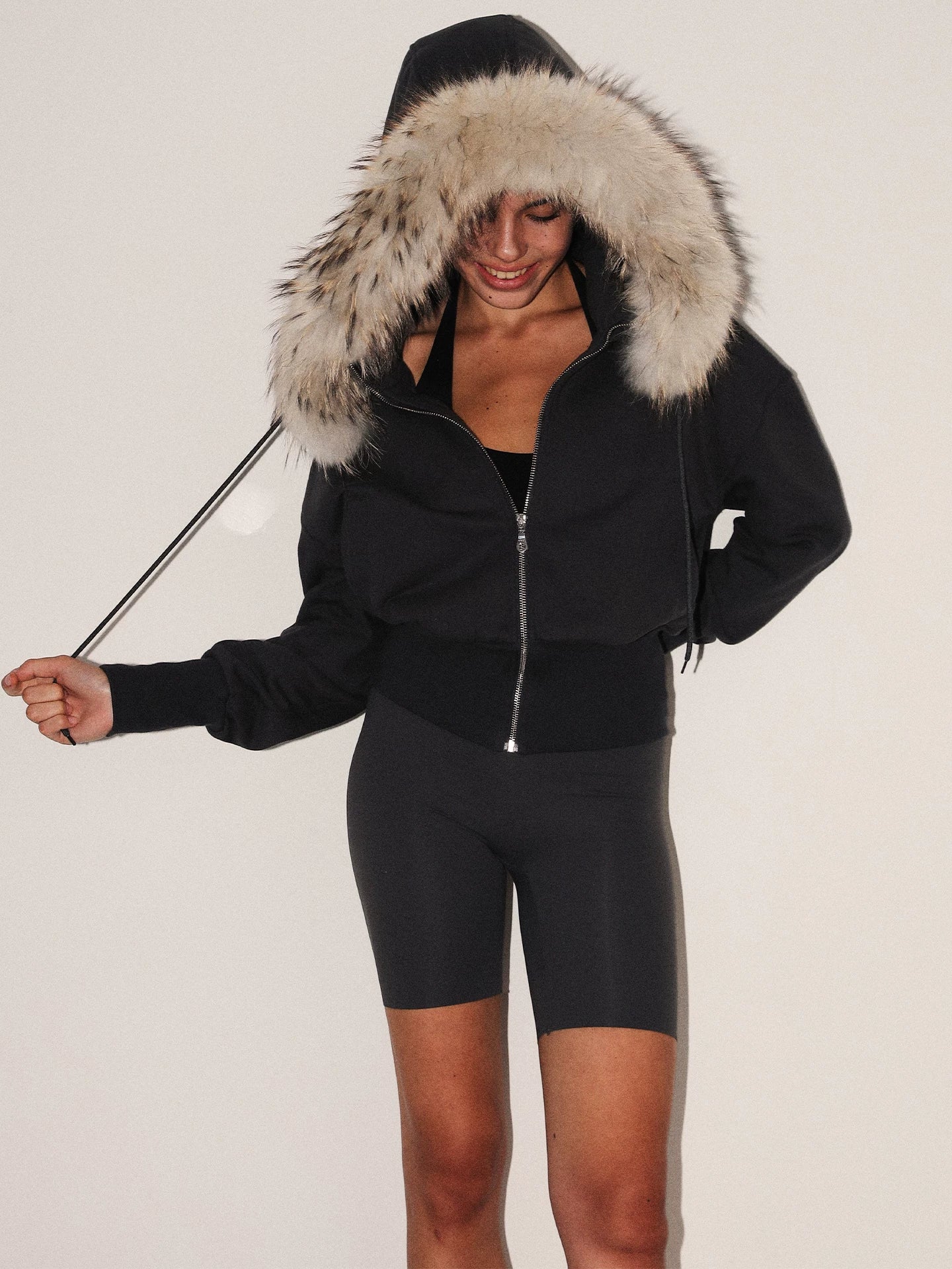 Cropped Fur-Trimmed Zip-Up Hoodie