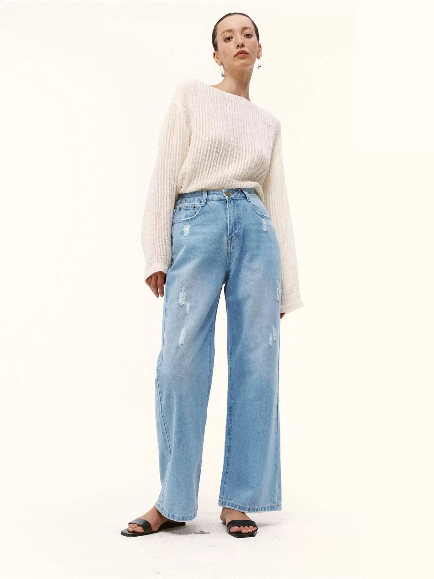 High-Waisted Distressed Straight-Leg Jeans