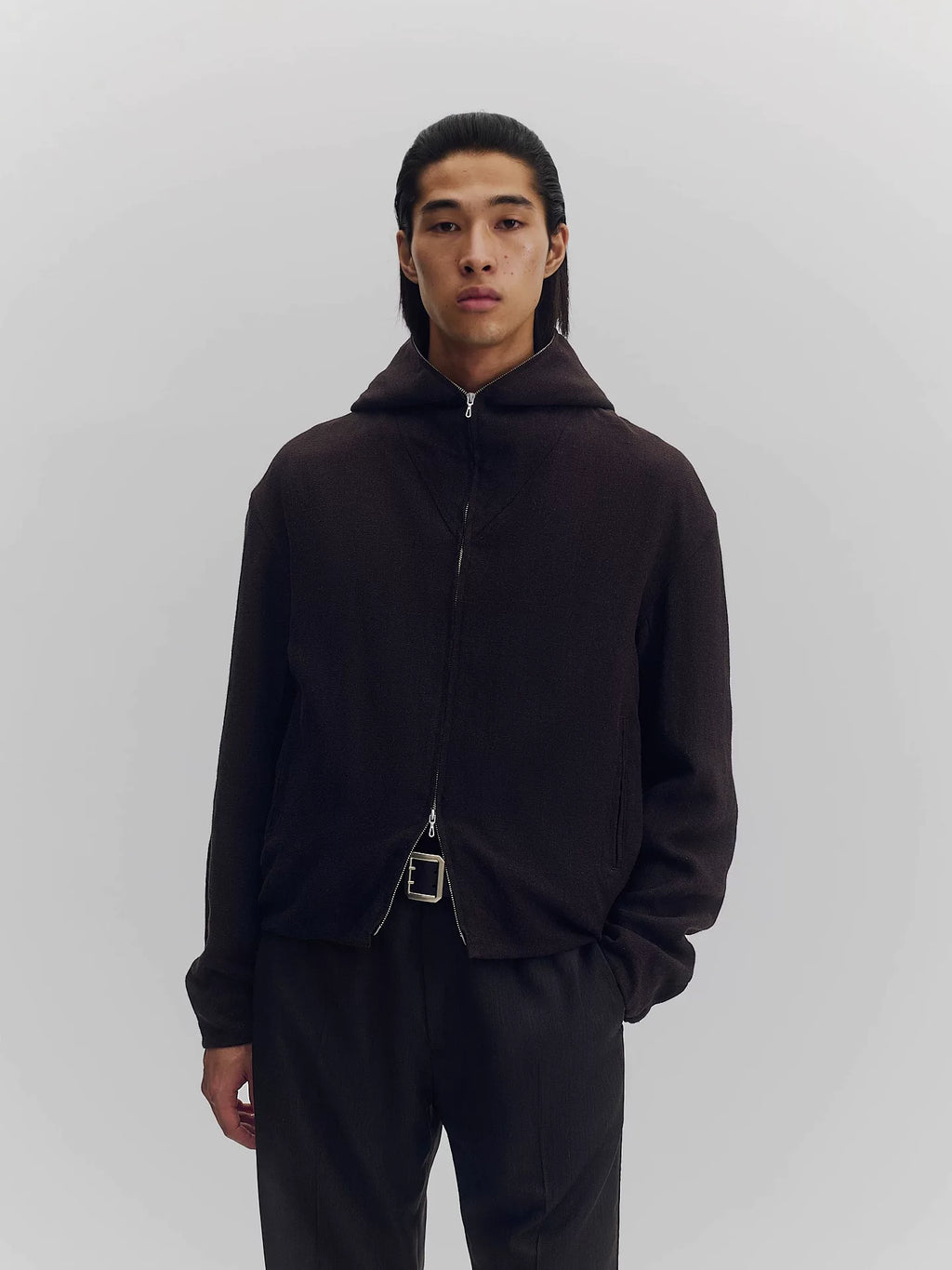 Wool Blend Full-Zip Hooded Jacket