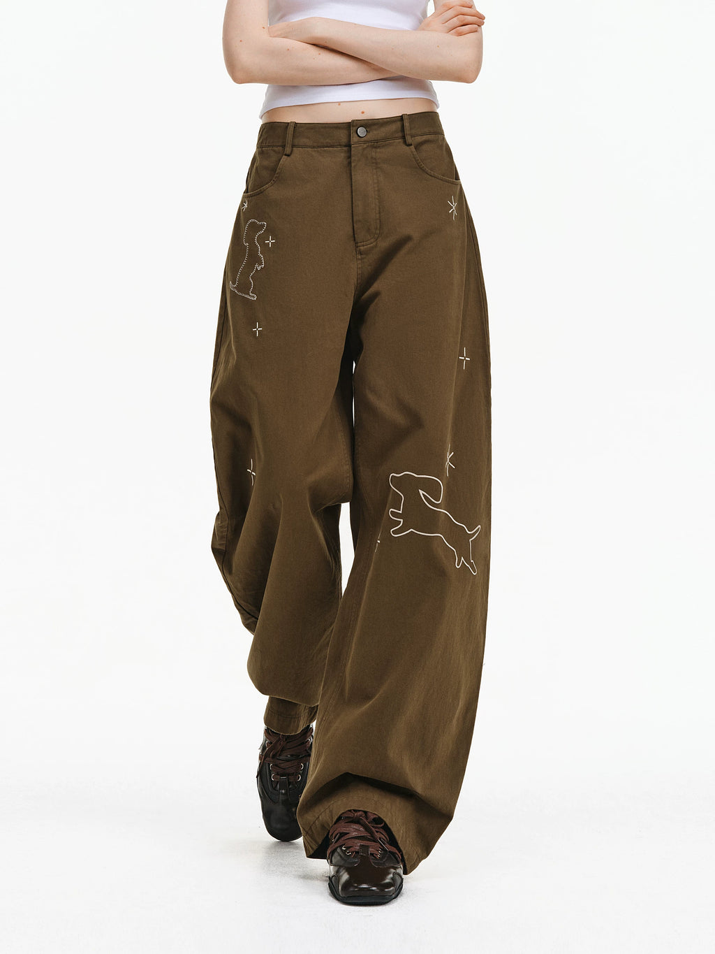 Embroidered Puppy Motif Wide-Leg Trousers