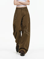 Embroidered Puppy Motif Wide-Leg Trousers