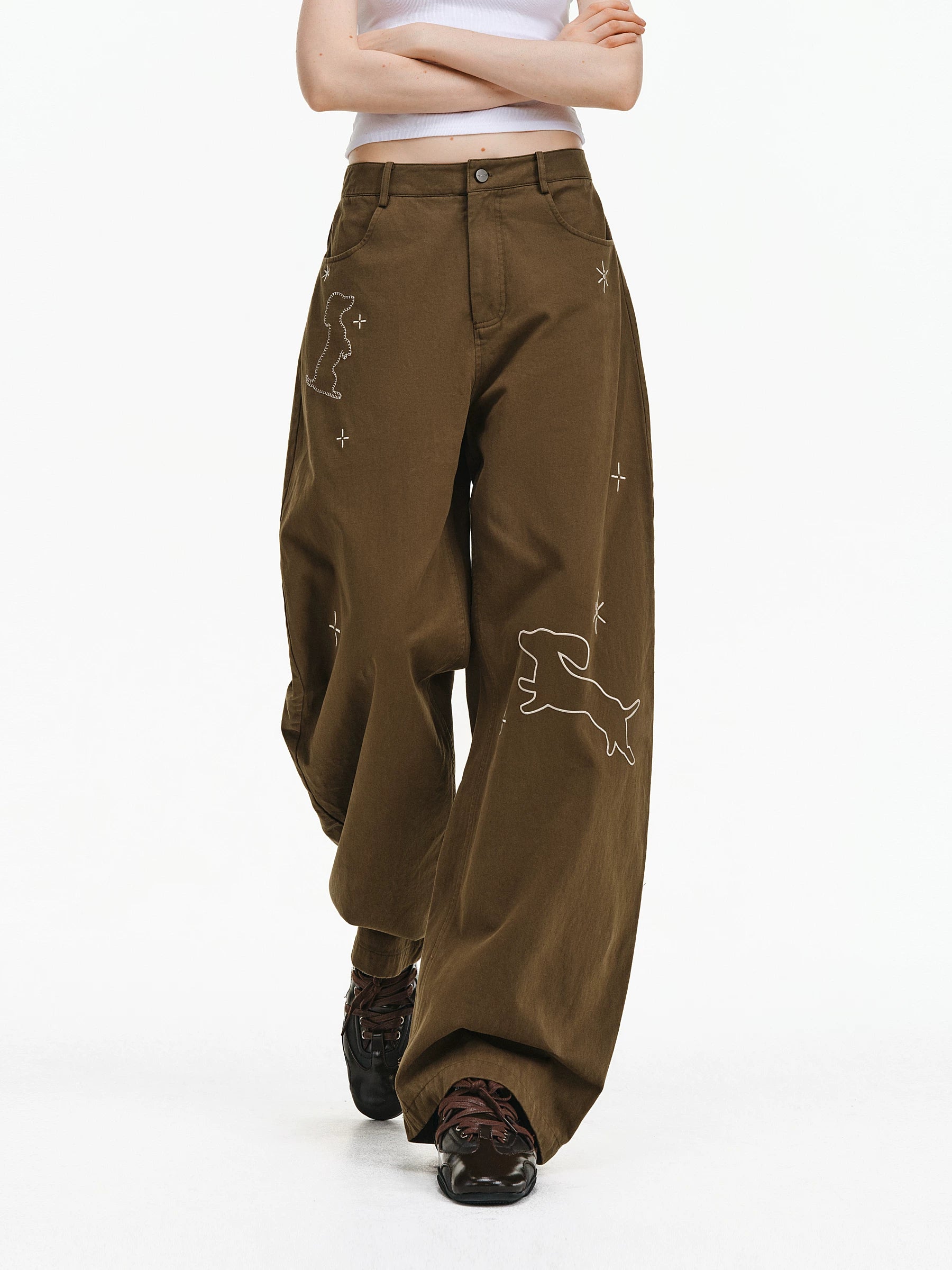 Embroidered Puppy Motif Wide-Leg Trousers