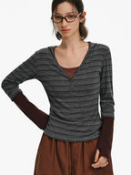 Layered Striped Hooded Long-Sleeve Top