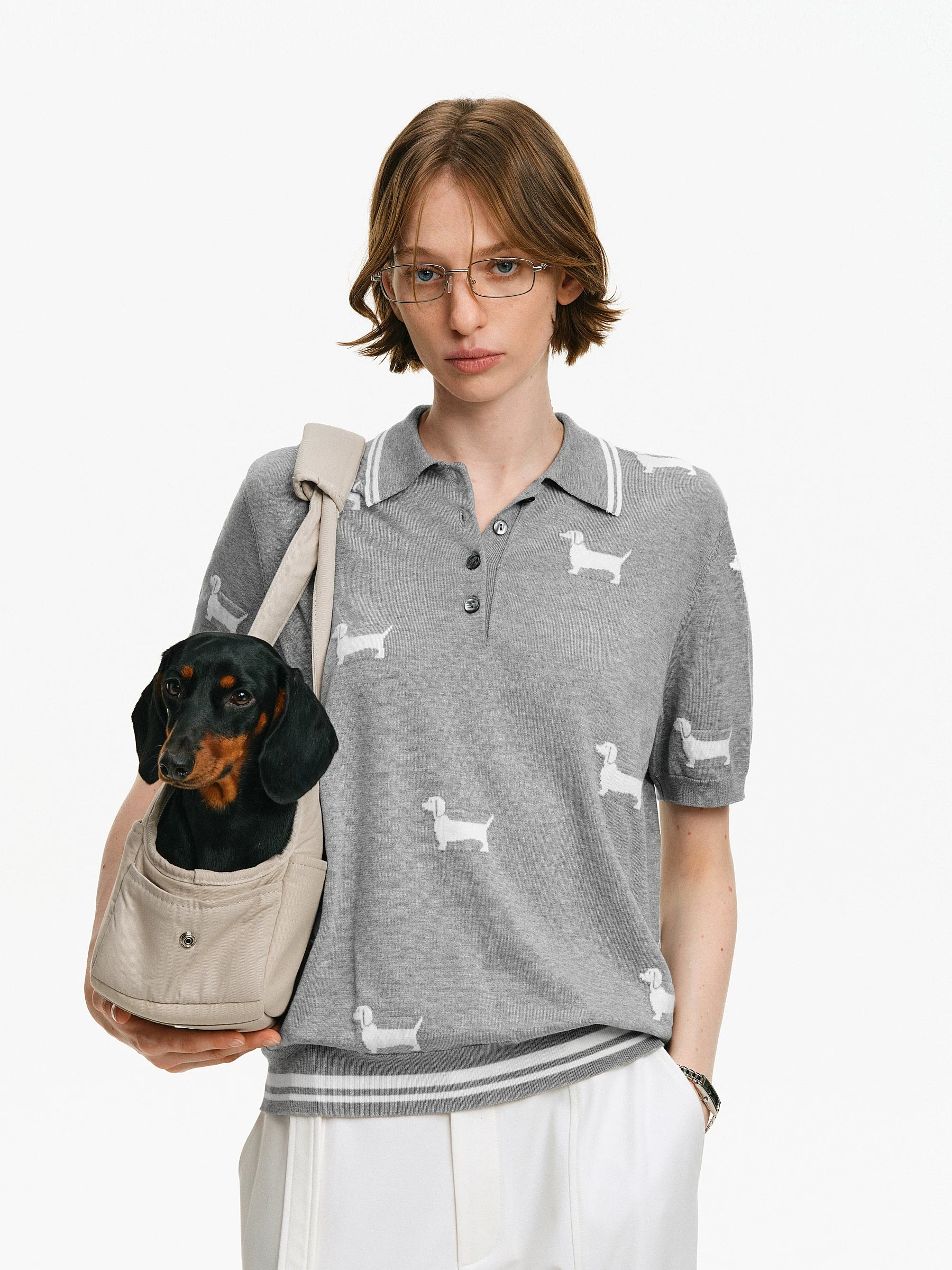 Dachshund Motif Knit Polo Shirt