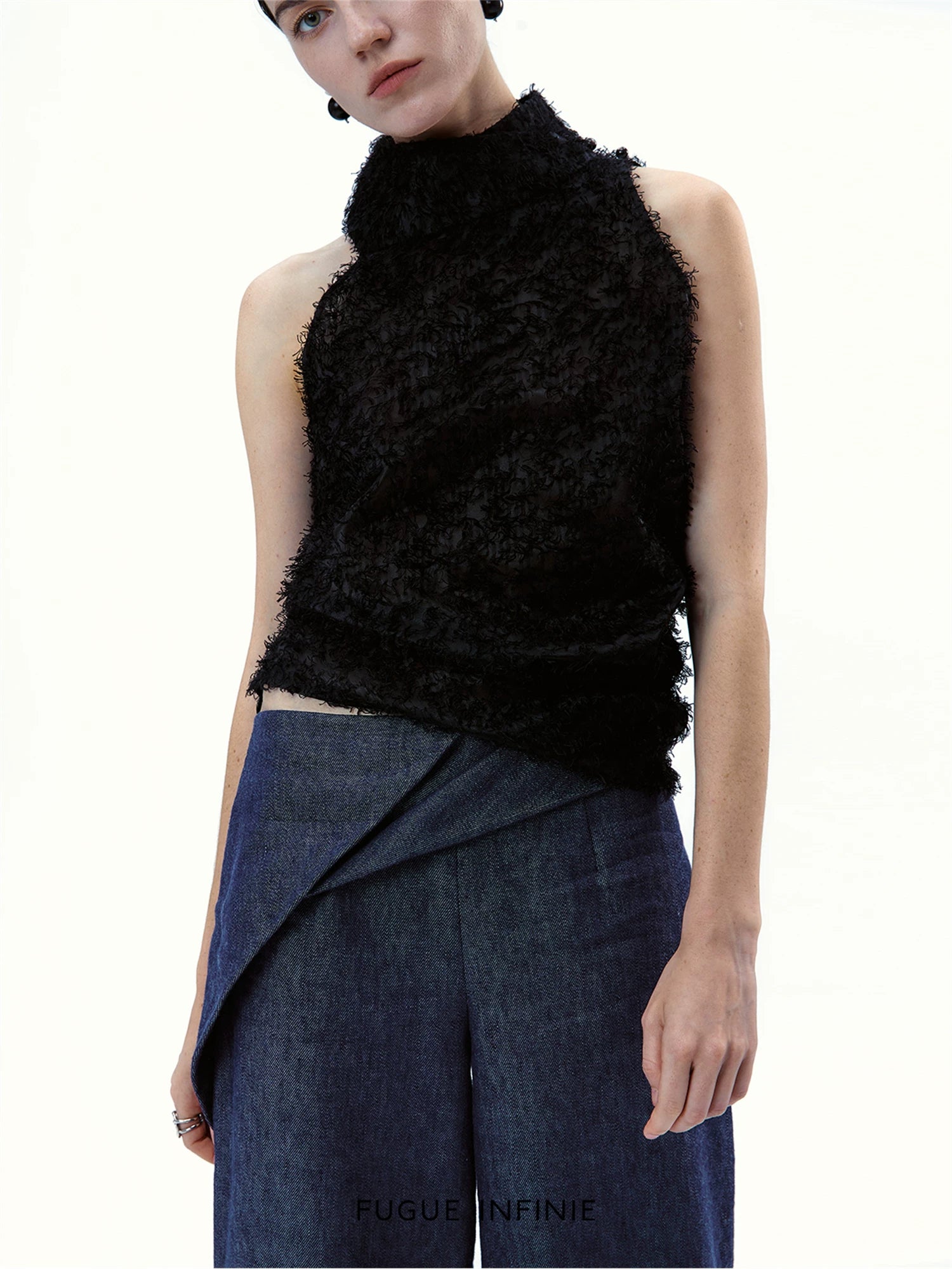 Asymmetrical Waistband Wide-Leg Denim Trousers