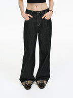 Contrast Stitch Plaid Cuff Wide-Leg Jeans