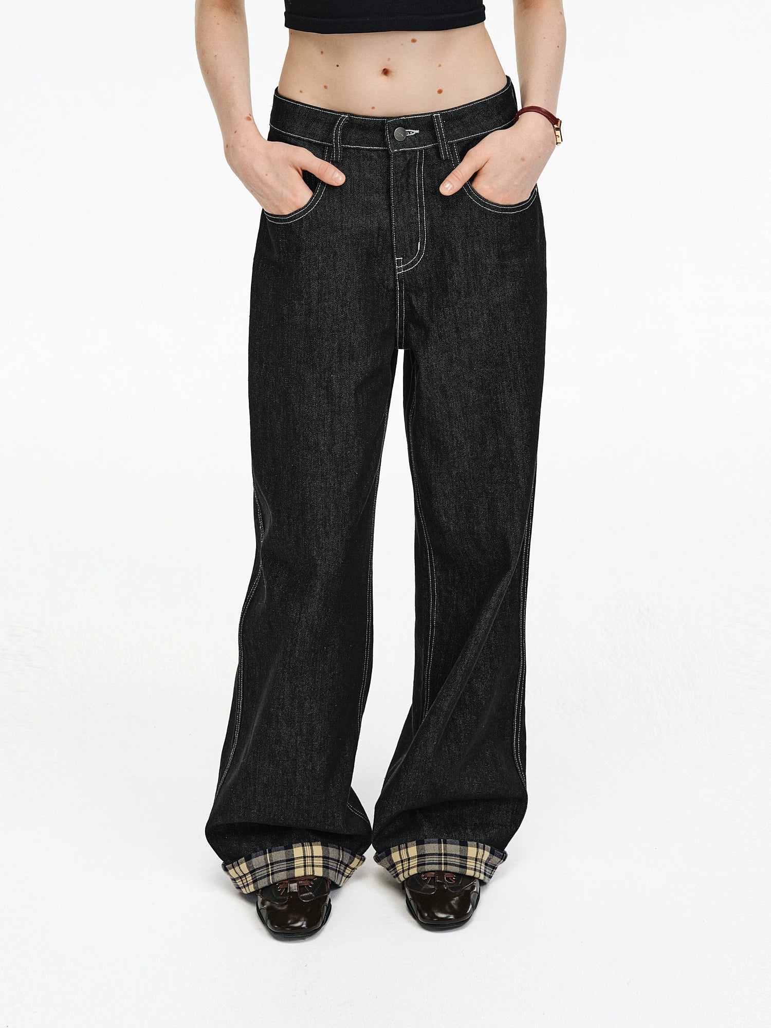 Contrast Stitch Plaid Cuff Wide-Leg Jeans