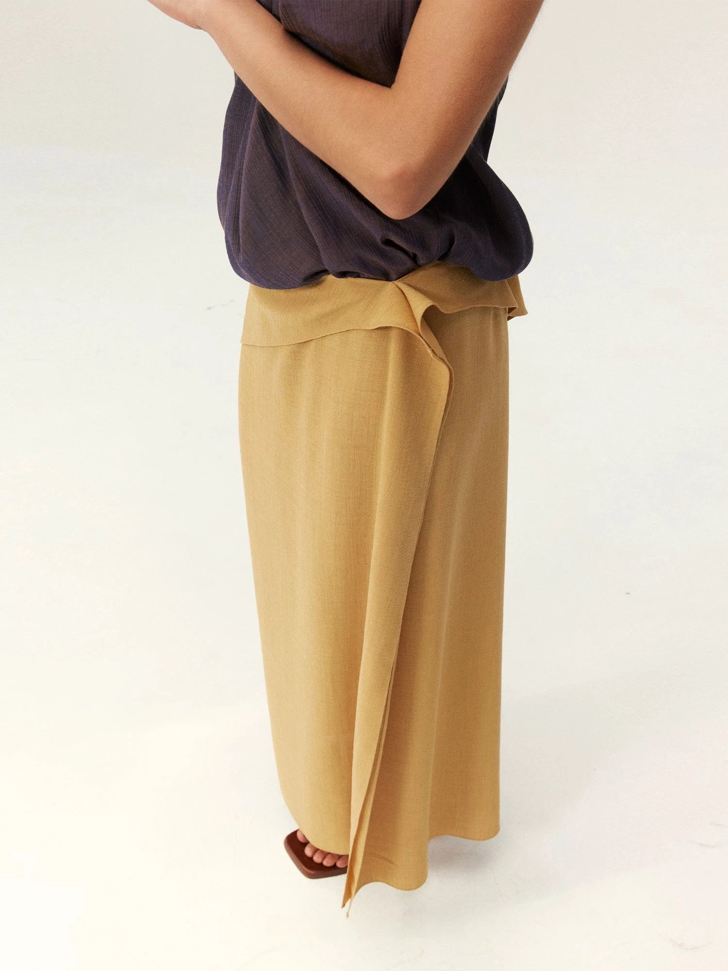 Linen Asymmetric Draped Midi Skirt