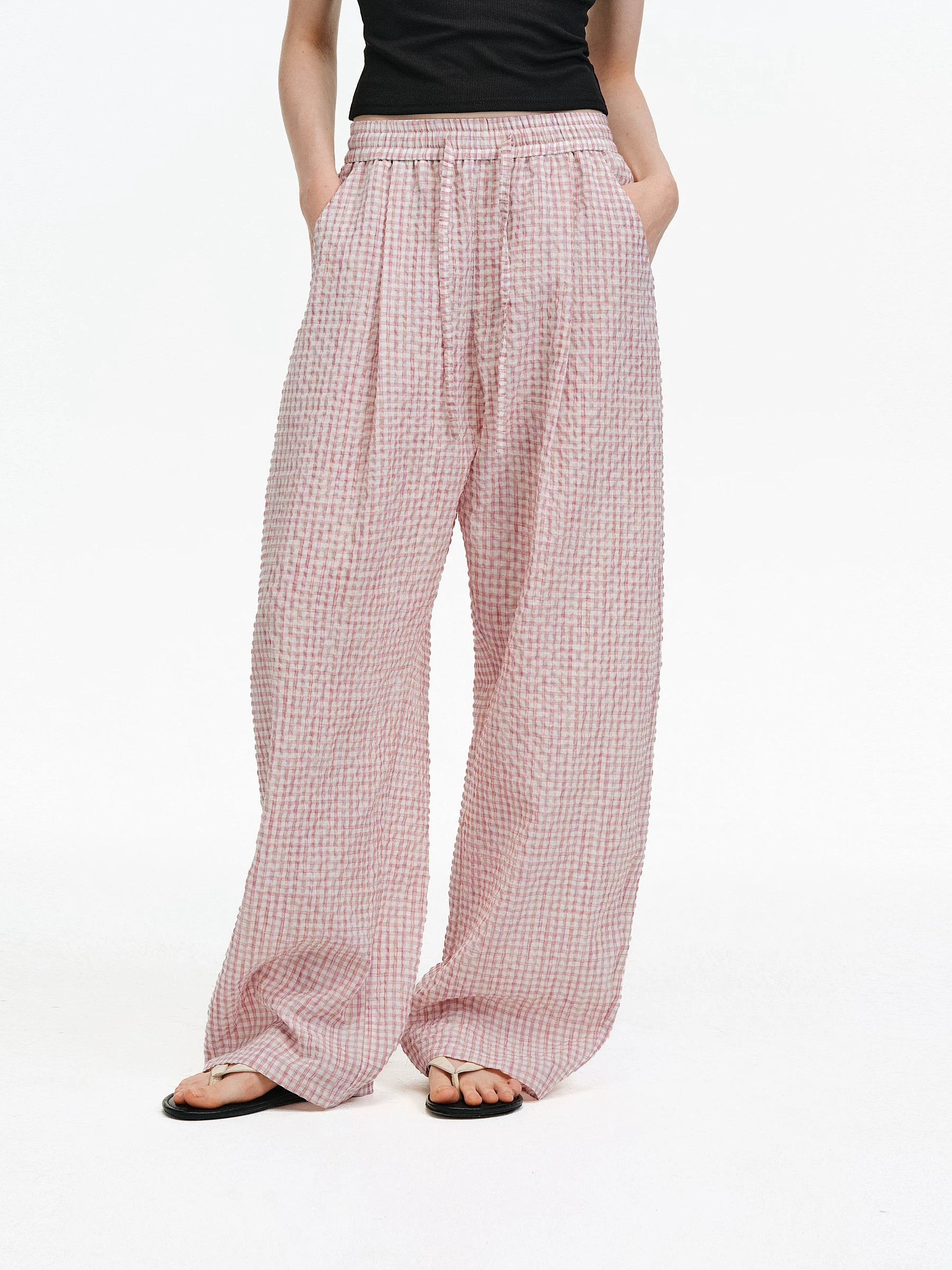 Gauze Checkered Wide-Leg Trousers