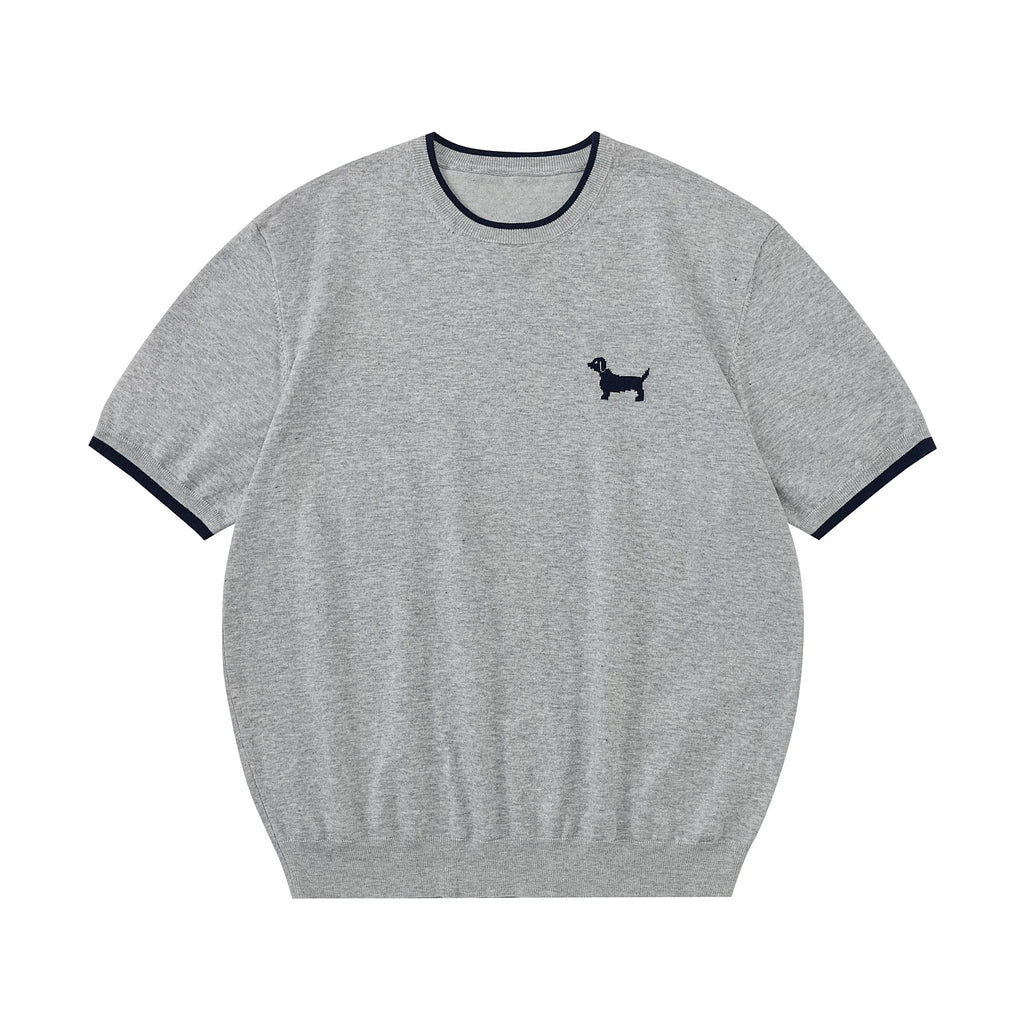 Puppy Embroidered Contrast Trim Knit Top
