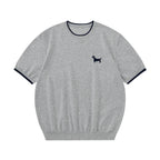 Puppy Embroidered Contrast Trim Knit Top