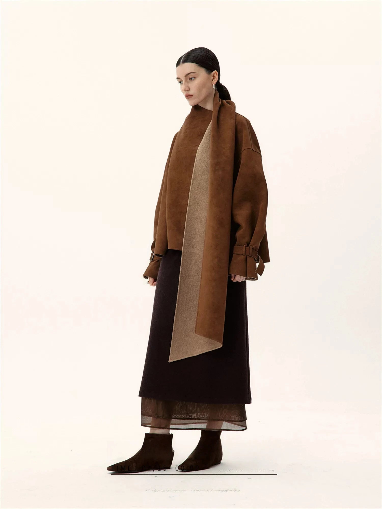 Asymmetrical Suede Jacket With Integrated Scarf