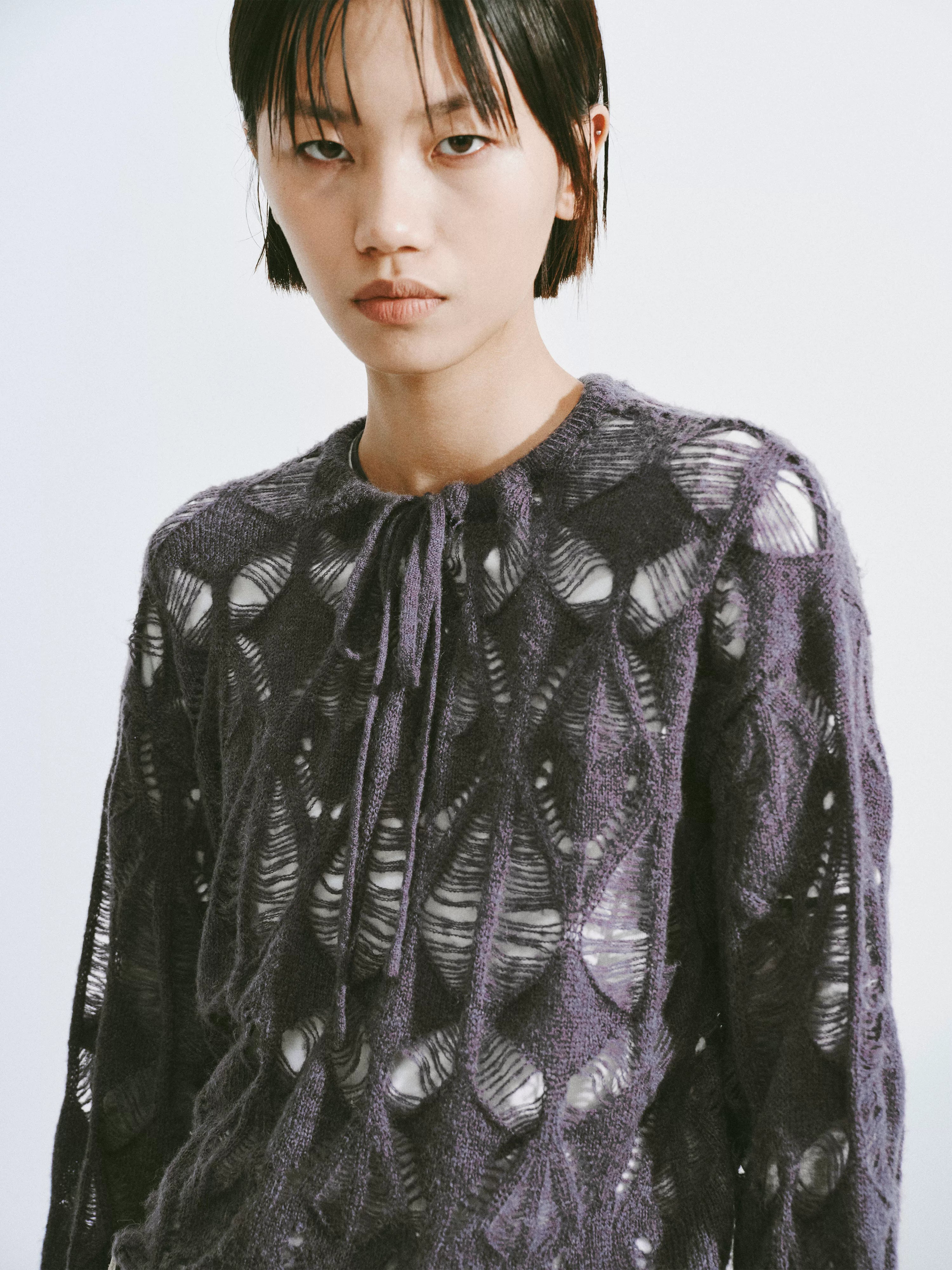 Distressed Diamond Knit Wool Pullover