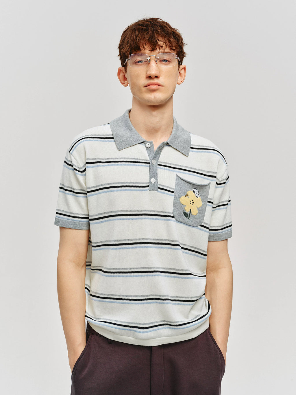 Snoopy Embroidered Striped Knit Polo