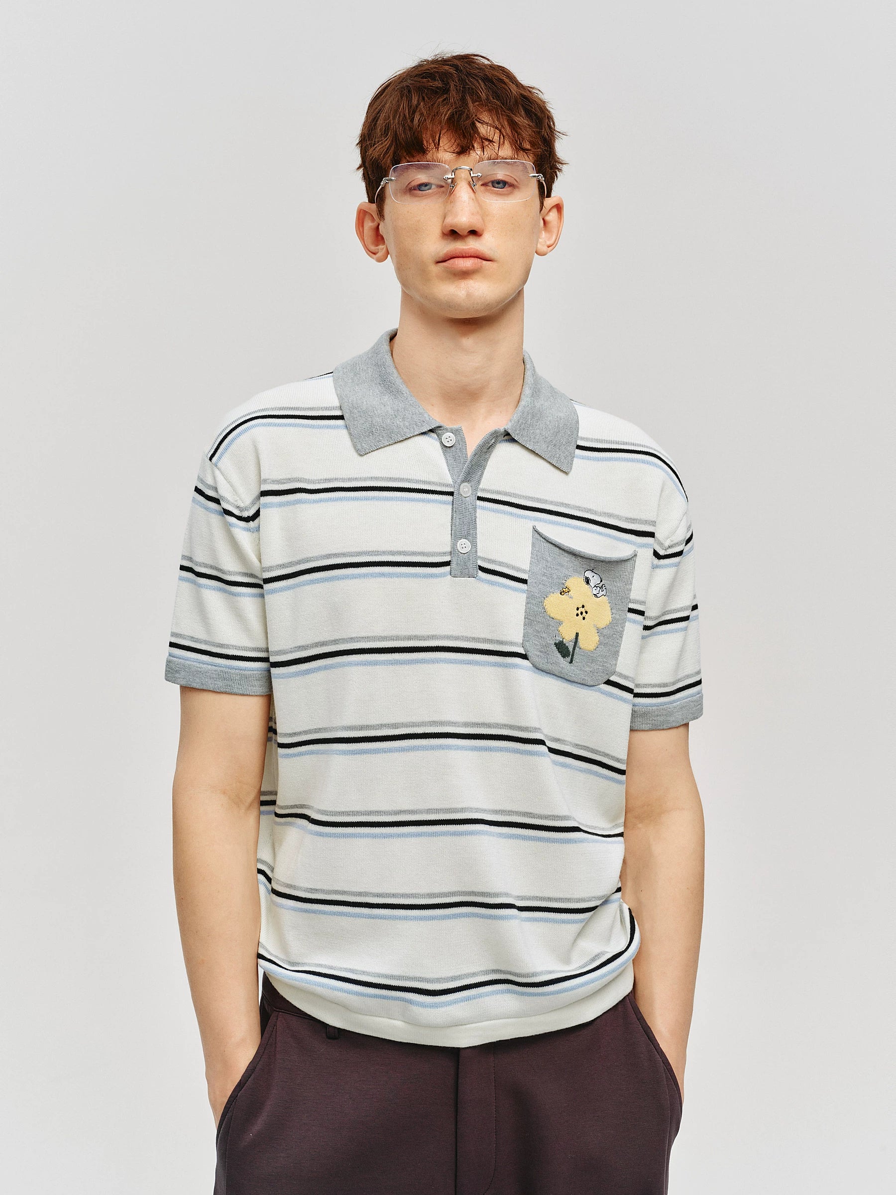 Snoopy Embroidered Striped Knit Polo