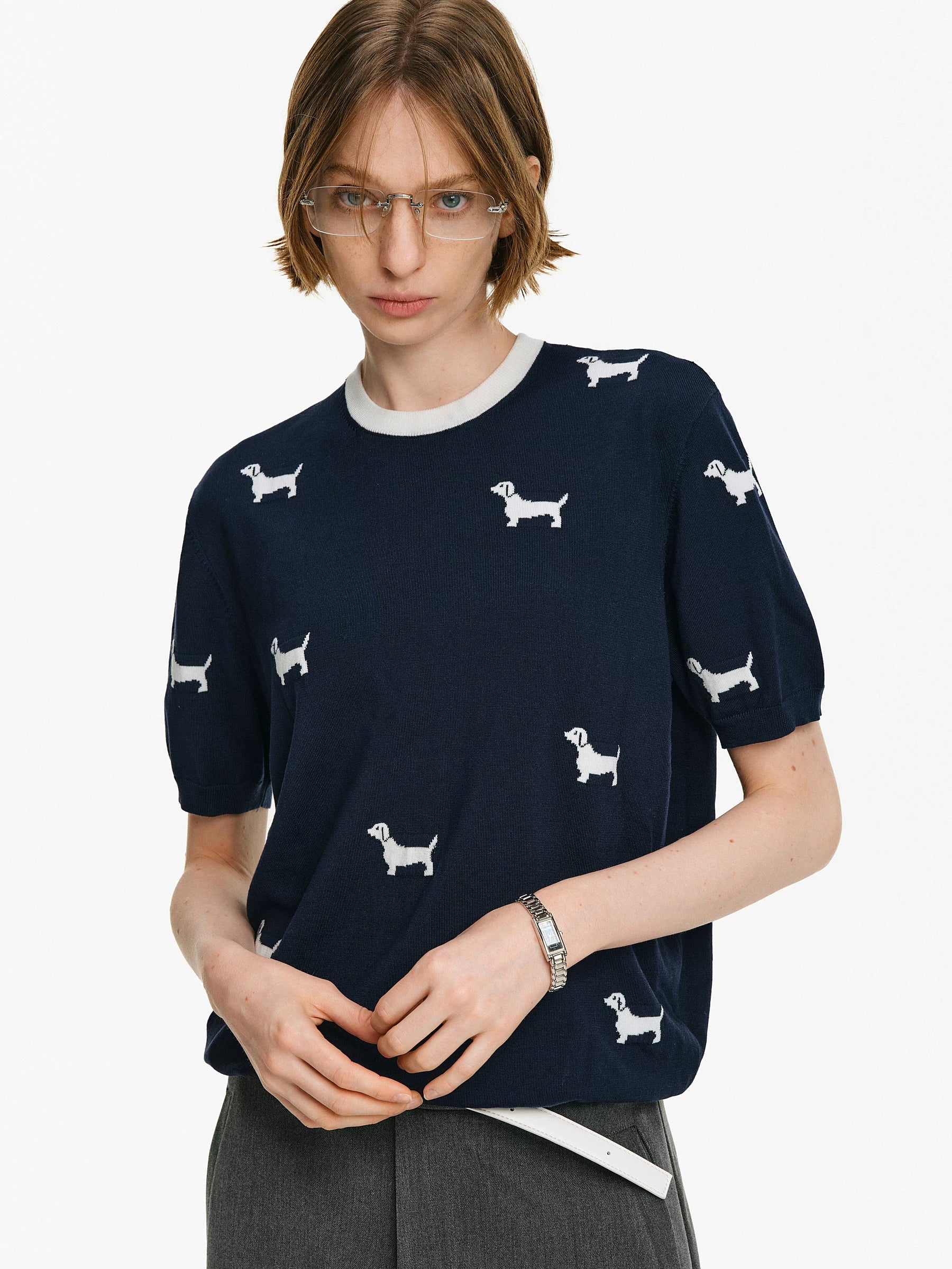Dachshund Intarsia Knit Short-Sleeve Sweater