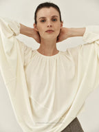 Pleated Round-Neck Draped Knit Top