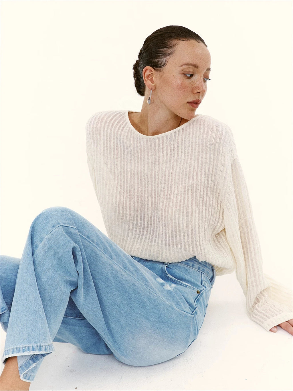 Linen Textured Oversized Long-Sleeve Top