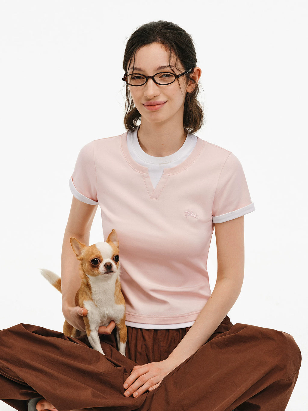 Embroidered V-Neck Layered T-Shirt