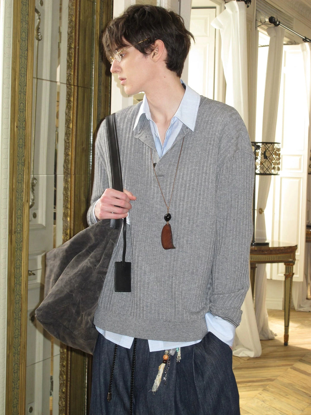 Ribbed Knit Henley Sweater