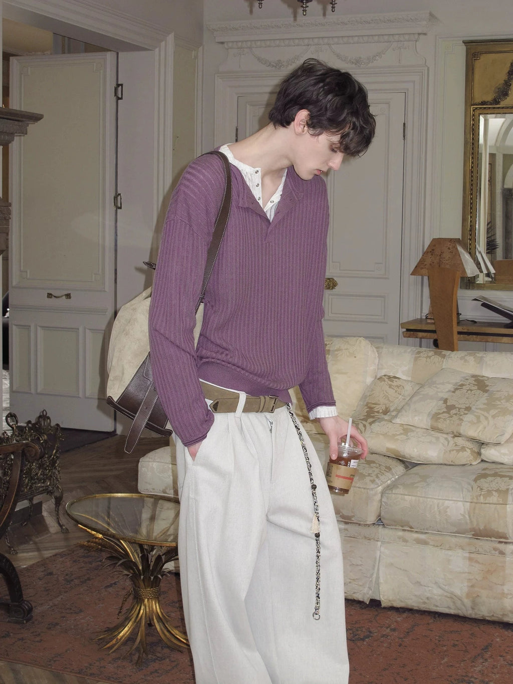 Ribbed Knit Henley Sweater