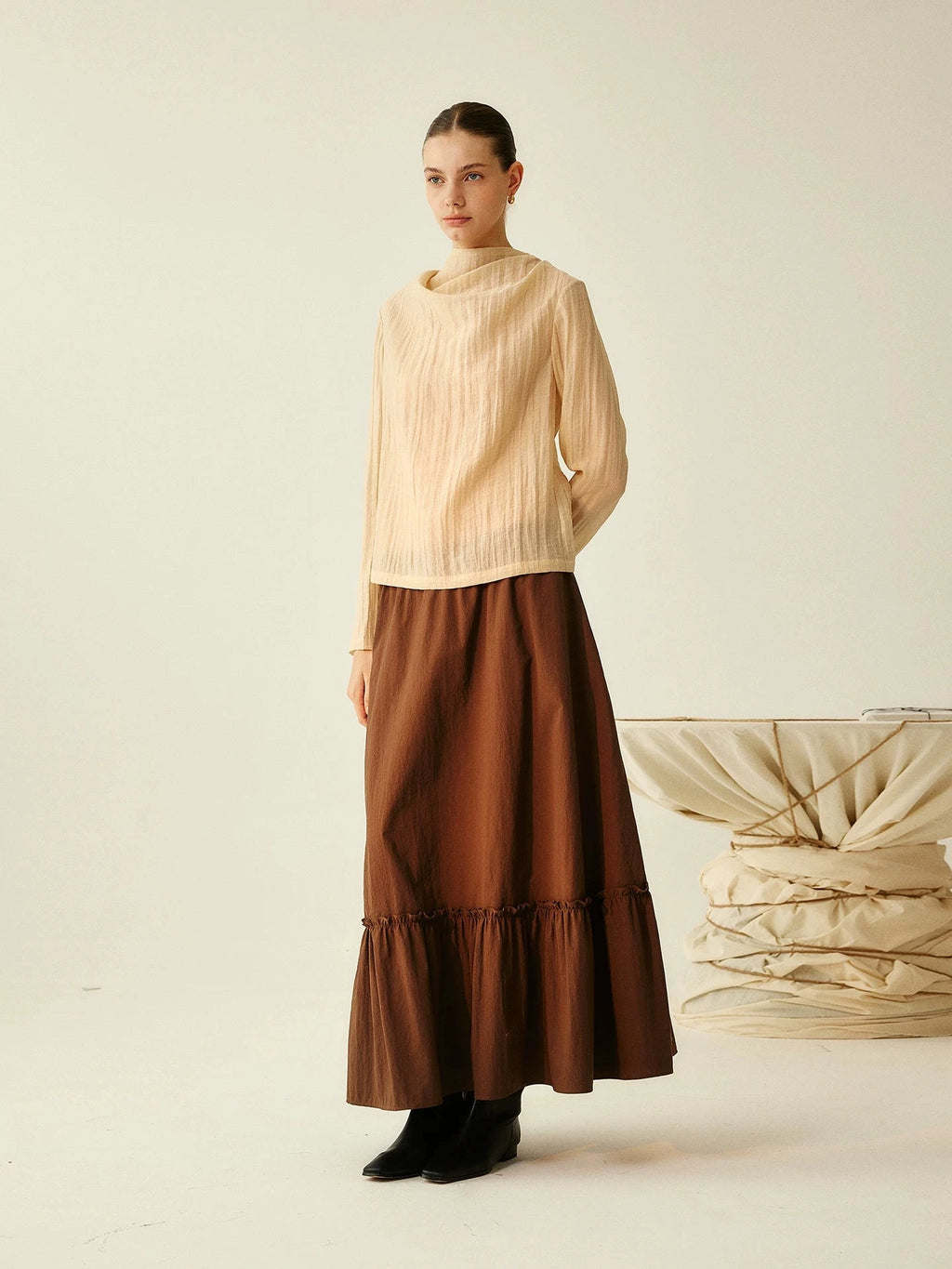 Deep Brown Pleated Maxi Skirt