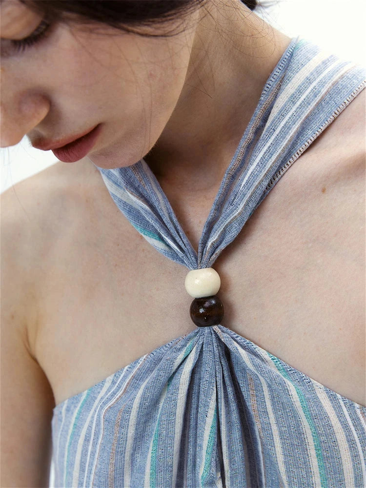 Striped Halter Top With Wooden Bead Detail