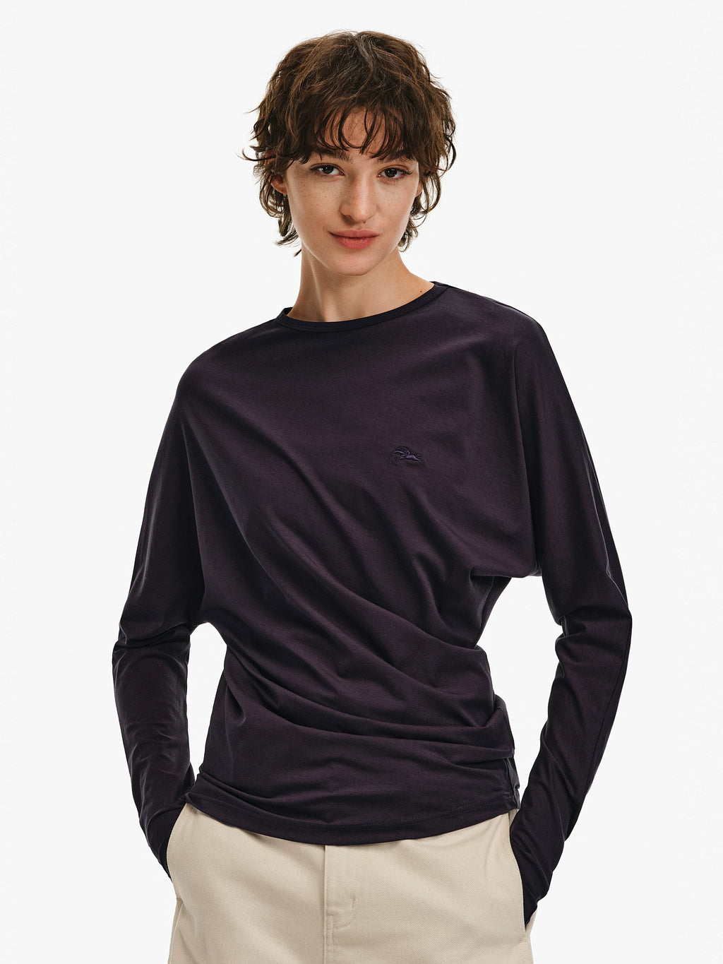 Pleated Batwing Long Sleeve Top