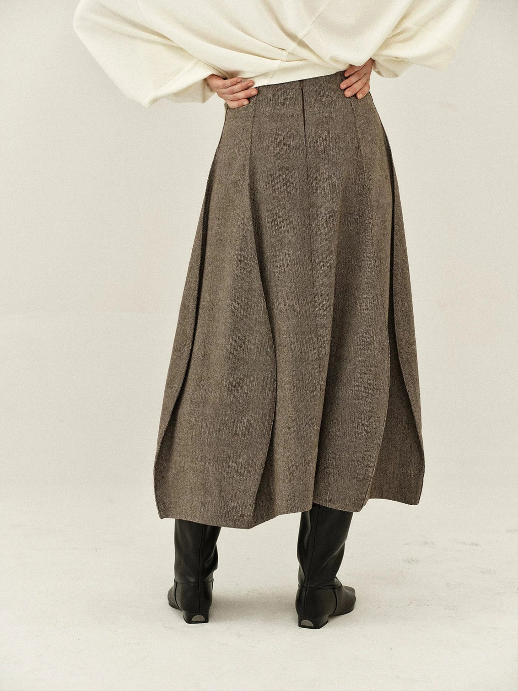 Herringbone Wool Curved Hem Skirt
