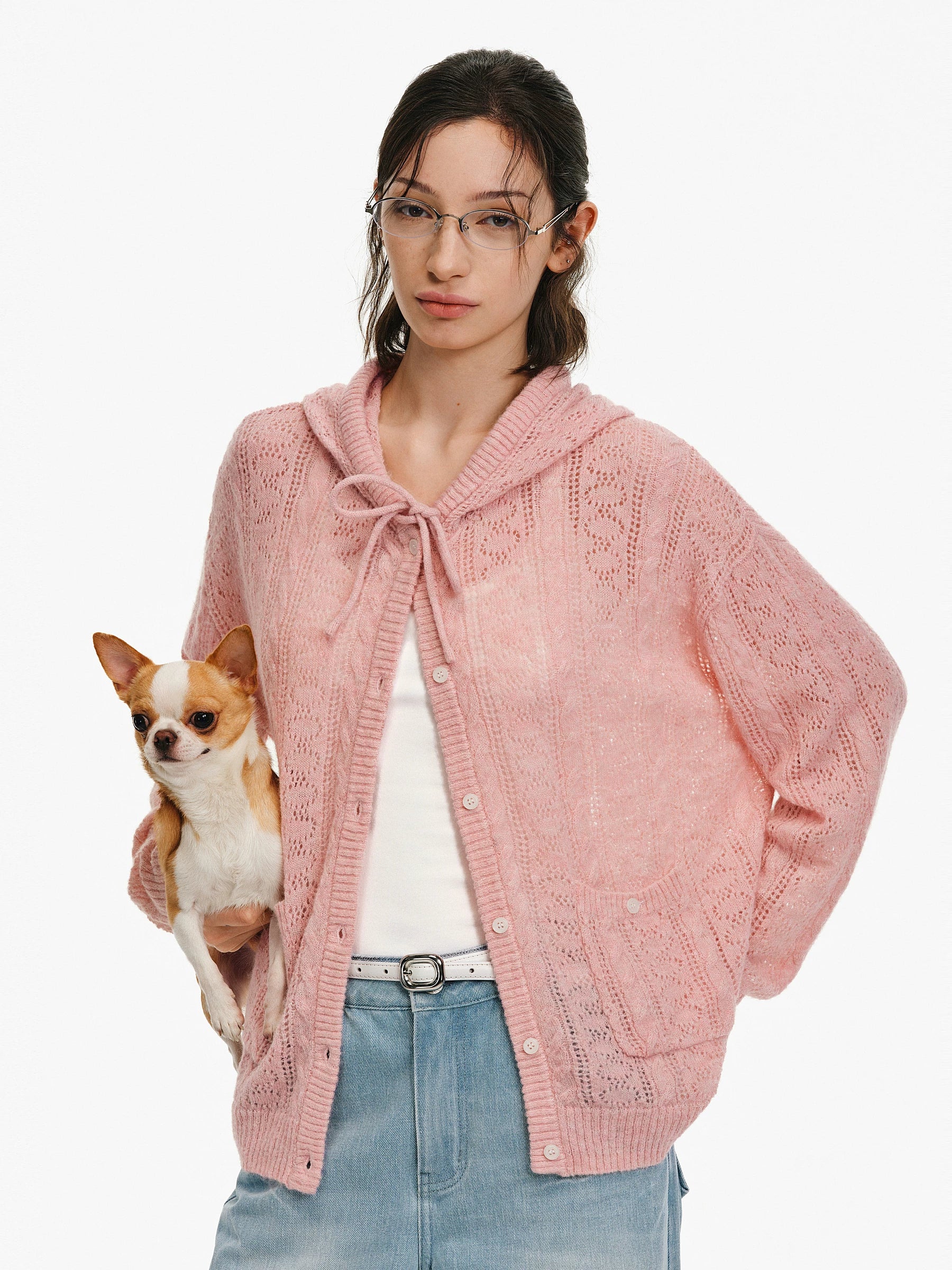Hollow-Knit Hooded Cardigan