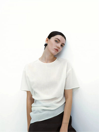 Triacetate Hemp-Feel Pleated Short-Sleeve Top