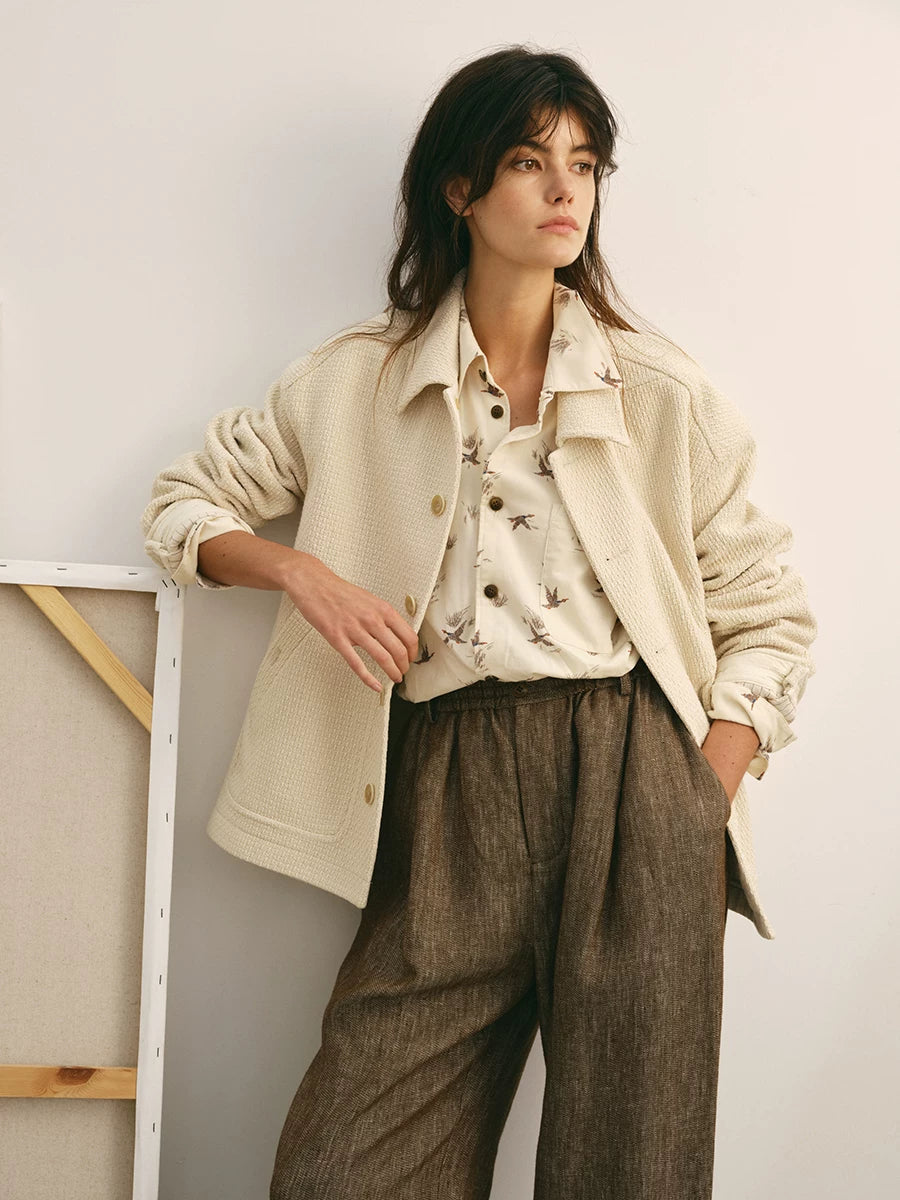 Cotton Bird Print Button-Down Shirt