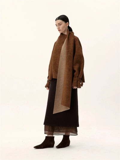 Asymmetrical Suede Jacket With Integrated Scarf