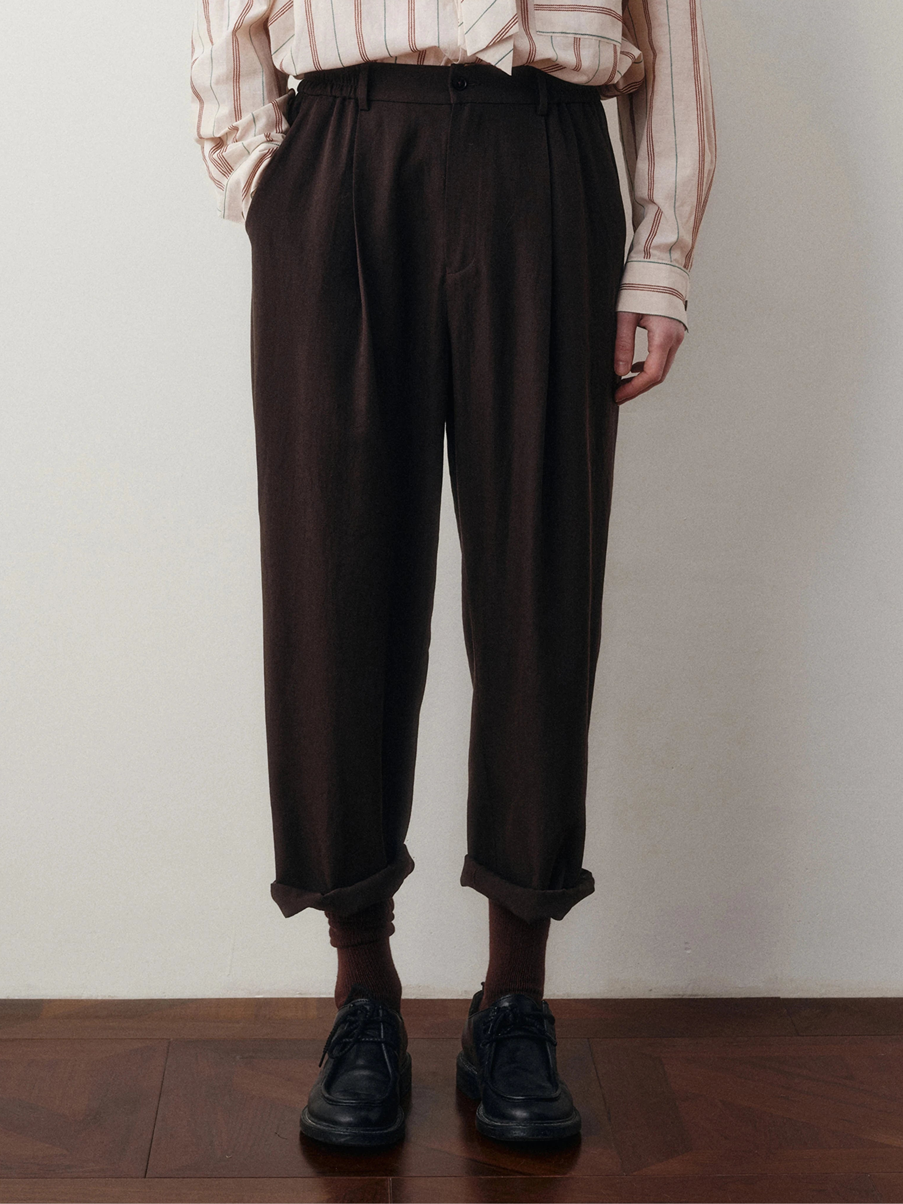 Wool Blend Pleated Cropped Trousers