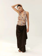 Linen Draped Asymmetric Midi Skirt