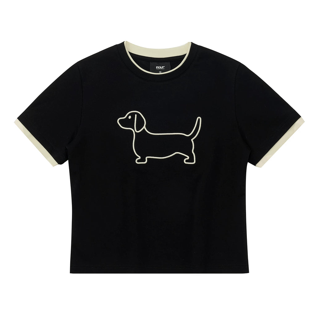 Embroidered Puppy Graphic Ringer T-Shirt