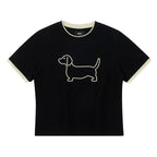 Embroidered Puppy Graphic Ringer T-Shirt
