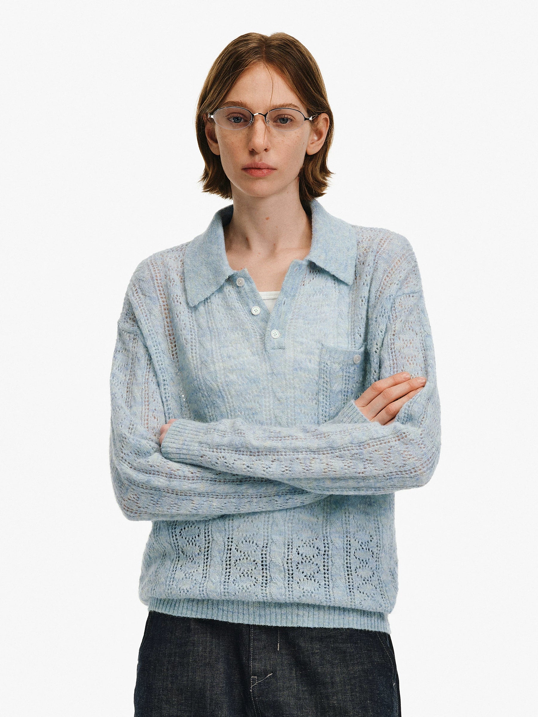 Textured Wool Blend Polo Sweater