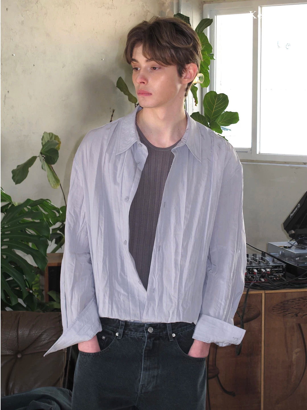 Textured Oversized Button-Down Shirt